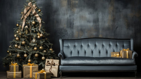 A blue couch and christmas tree in front of a wall, AIの素材