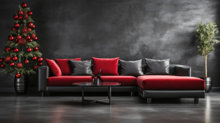 A red and black living room with a christmas tree, AIの素材