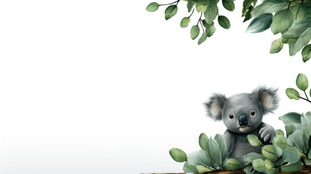 A cartoon koala sitting on a branch with leaves, AIの素材