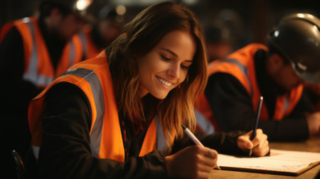 A woman in an orange vest writing on a piece of paper, AIの素材