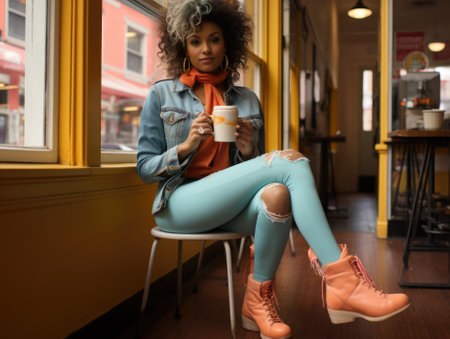 A woman in blue jeans and a jacket sitting on a chair with a cup of coffee, AIの素材