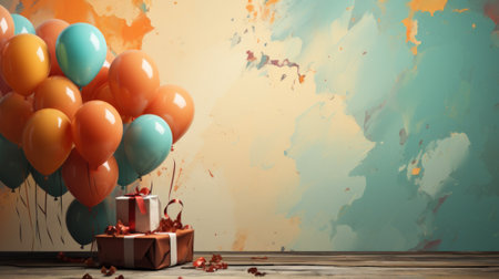 Colorful balloons and gift box on wooden floor, AIの素材
