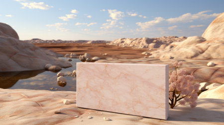 A pink marble block sitting on a rocky desert, AIの素材