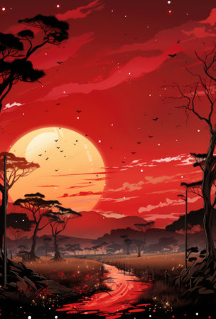 An illustration of a sunset with trees and a road, AIの素材