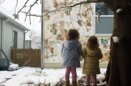 Two little girls stand in the snow near a tree. AIの素材