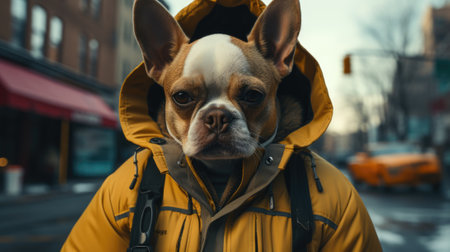 A dog wearing a yellow jacket on the street. AIの素材