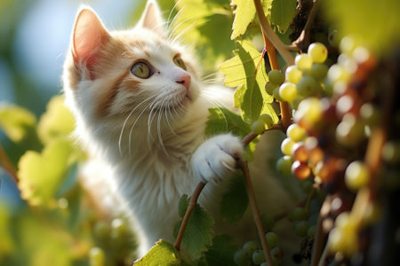 A kitten is climbing up a vine with grapes, AIの素材