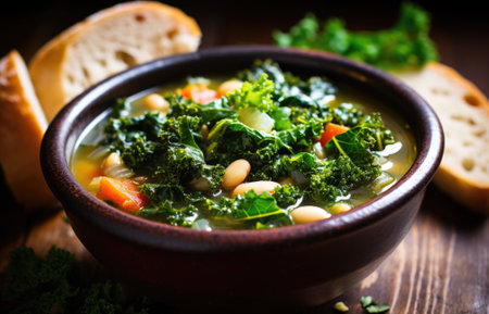 A bowl of soup with vegetables and bread, AIの素材