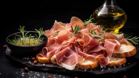 Prosciutto ham, bread and olive oil on black background, AIの素材