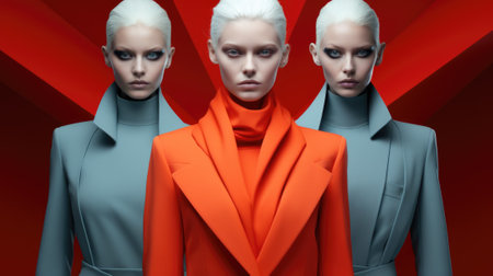 Three women in orange and blue suits, AIの素材