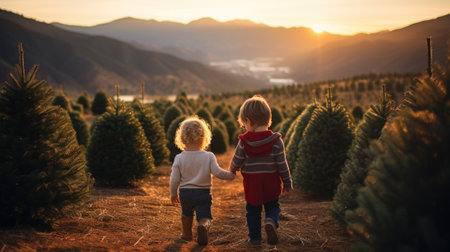 Two children holding hands walking through a christmas tree farm, AIの素材
