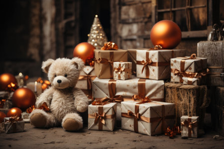 A teddy bear sits next to a pile of presents, AIの素材