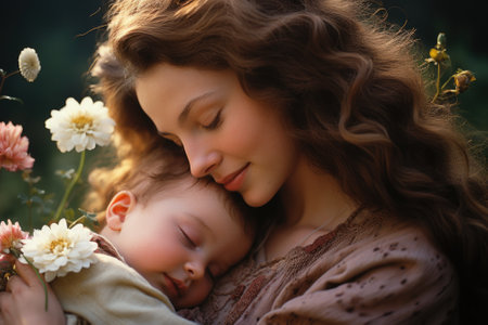 A woman holding a baby in her arms and surrounded by flowers, AIの素材
