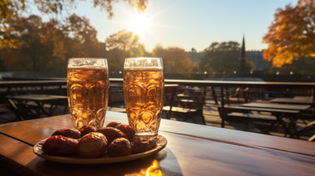 Two glasses of beer on a table with fruit, AIの素材