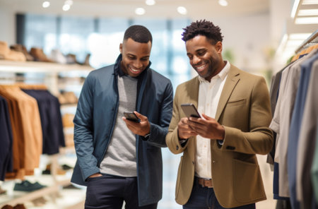 Two men looking at their phones in a clothing store, AIの素材