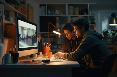 Two men sitting at a desk in front of a computer. AIの素材