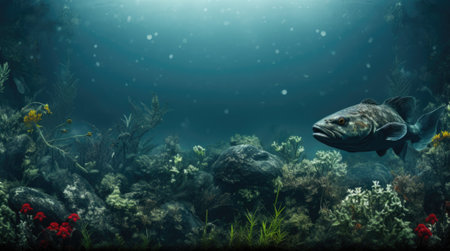 An underwater scene with a fish swimming in the ocean, AIの素材