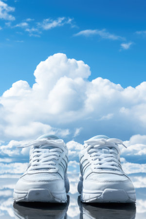 A pair of white sneakers on a reflective surface, AIの素材