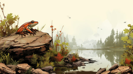 A frog sitting on a rock by a river, AIの素材