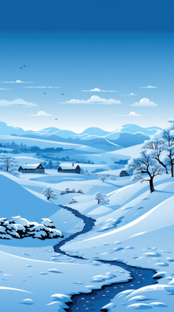 Winter landscape with snow covered landscape and river, AIの素材