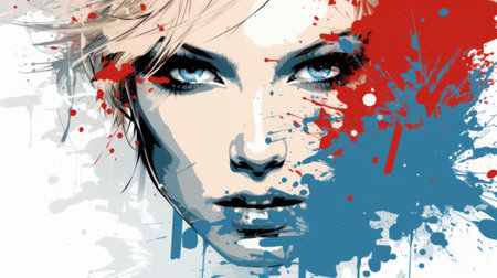 A woman with blue and red paint splatters on her face, AIの素材