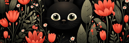 A black cat in a field of flowers, AIの素材