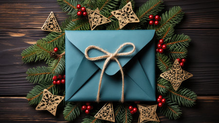 Christmas gift wrapped in blue paper on a wooden background, AIの素材