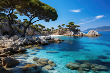 Beautiful beach with clear blue water and trees in it, AIの素材