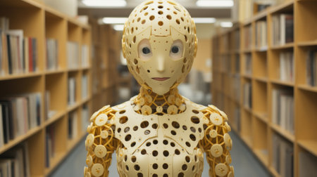 A robot in a library with bookshelves, AIの素材
