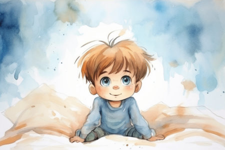 A watercolor illustration of a little boy sitting on a bed, AIの素材