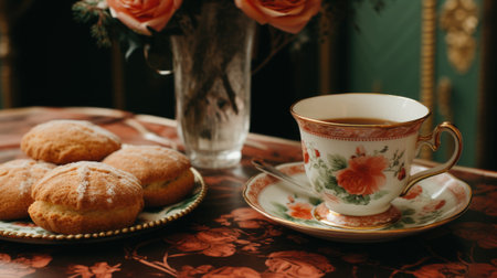 A cup of tea and a plate of pastries on a table, AIの素材