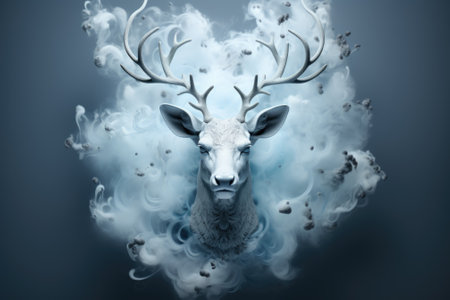 A white deer with horns and antlers in the air, AIの素材