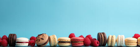 Macarons and raspberry cookies on blue background, AIの素材