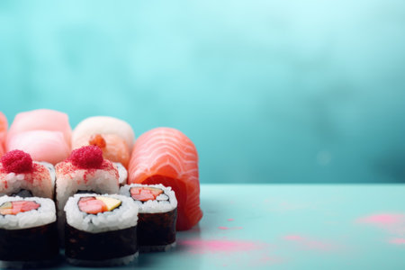 Sushi on a blue background with pink powder, AIの素材