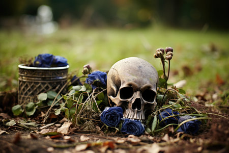 A skull and blue roses are sitting on the ground, AIの素材