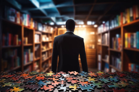 A man in a suit standing in front of a table with puzzle pieces, AIの素材