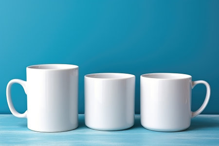 Three white mugs on a blue background, AIの素材