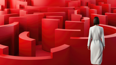A woman in a white dress standing in a maze. Generative AI image.の素材
