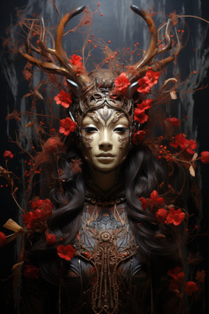 A woman in a costume with horns and flowers. Generative AI image.の素材