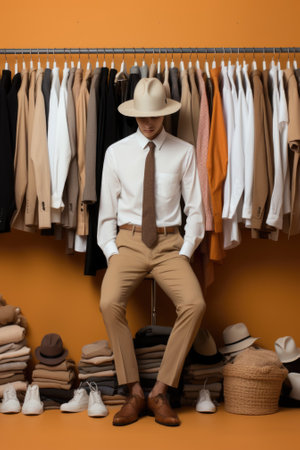 A man sitting on a chair in front of a rack of clothes. Generative AI image.の素材