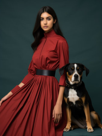 A woman in a red dress poses with a dog. Generative AI image.の素材