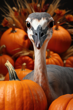An ostrich standing in front of a pile of pumpkins. Generative AI image.の素材