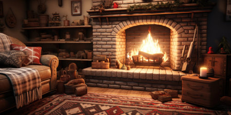 A fireplace in a living room next to a couch. Generative AI image.の素材