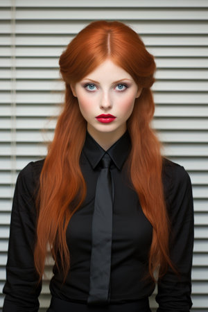 A woman with red hair wearing a black shirt and tie. Generative AI image.の素材
