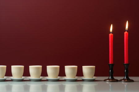 A row of coffee cups with a lit candle in the middle. Generative AI image.の素材