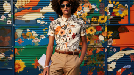 A man in a floral shirt and khaki pants. Generative AI image.の素材