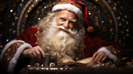 A man dressed as santa claus sitting at a table. Generative AI image.の素材