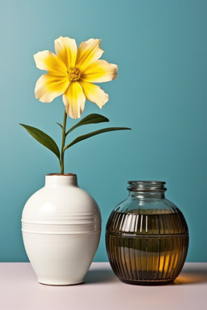 A white vase with a yellow flower in it. Generative AI image.の素材