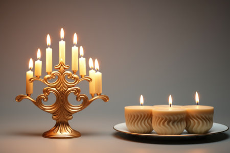 A golden menorah with candles and a plate of cupcakes. Generative AI image.の素材