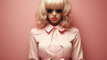 A woman with blonde hair and a pink shirt and huge artificial eyelashes. AI.の素材